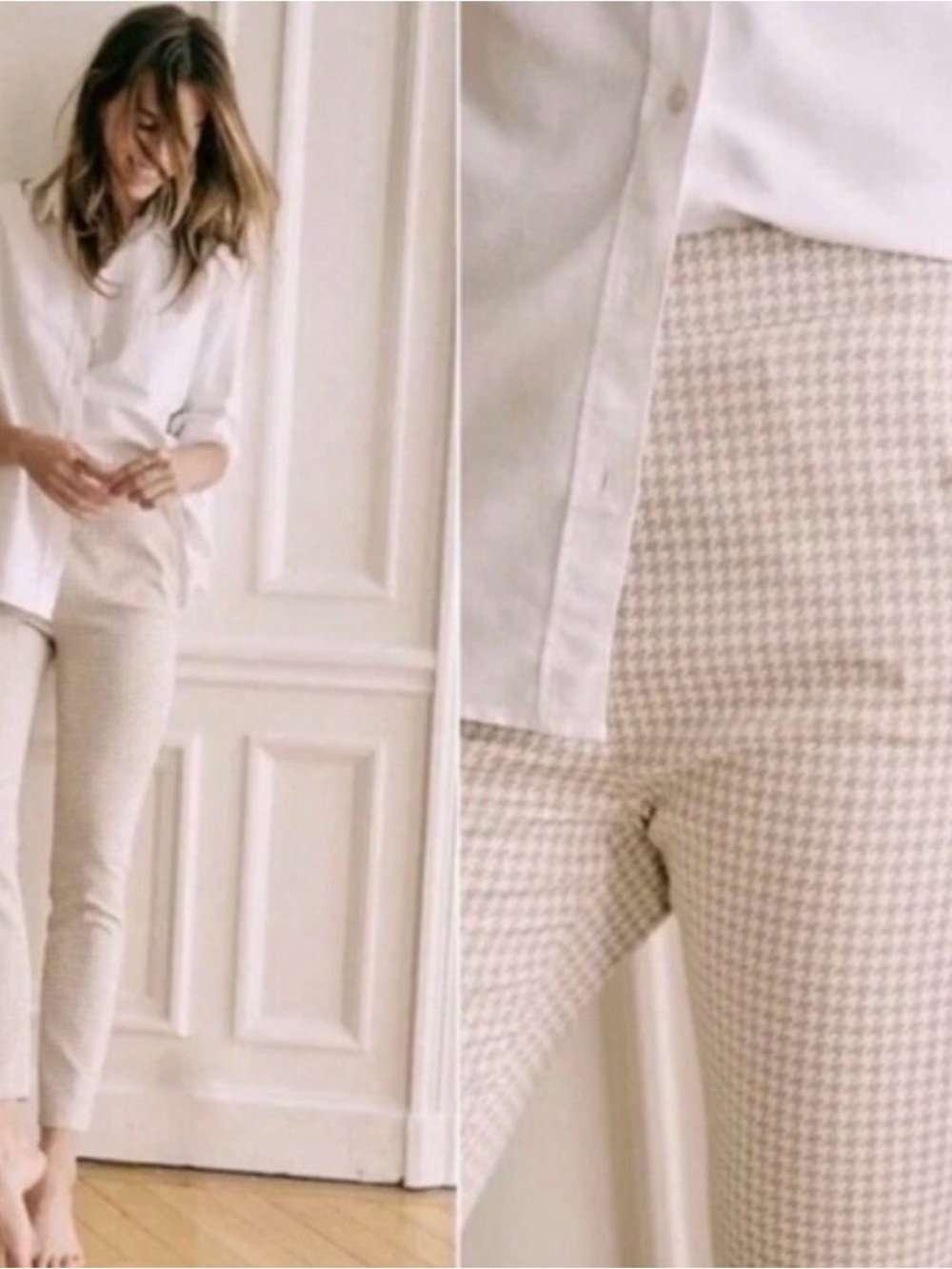 Sezane Houndstooth Clara Cream Beige Side Zip Trousers‎ Pants Size 38 Classic